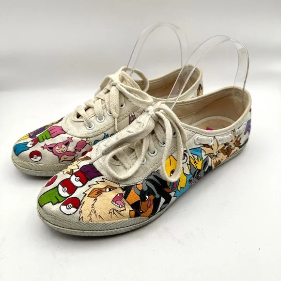 Hand Painted Pokemon Shoes Size 8 WIDE Custom Anime Manga Fan Art Canvas Comicon - Picture 1 of 11